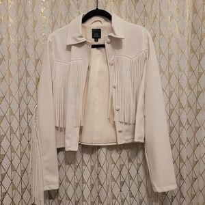 EUC Wild Fable white faux leather jacket with fringe, size medium